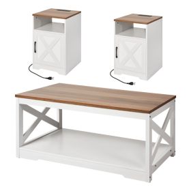 3 Pieces Farmhouse Coffee Table Sets, 40 In Industrial Coffee Table With 2 End Side Tables, Easy Assembly Coffee And End Tables Sets With Chargin (Option: default)