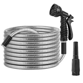 25FT-50FT Options -- 1Pc Heavy Duty Stainless Steel Garden Hose Garden Watering Kit Metal Water Hose With 2 Nozzles 12 Patterns Flexible Extendab (size: 50 FT)