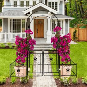 Metal Garden Arch with Gate 79.5'' Wide x 86.6'' High Climbing Plants Support Rose Arch Outdoor (Color: BLACK)